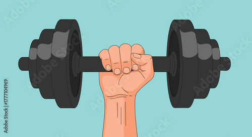 A strong hand firmly grips a heavy dumbbell, symbolizing strength, fitness, and a commitment to a healthy lifestyle and exercise regimen.