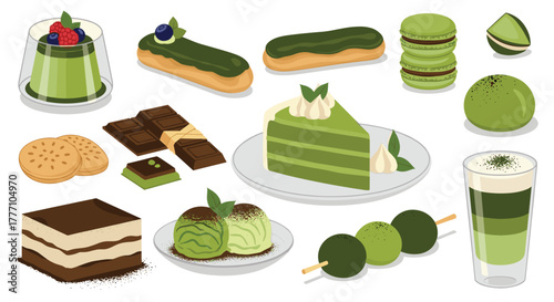 A delightful collection of various matcha-flavored desserts and green tea beverages, including cakes, chocolates, and refreshing drinks.