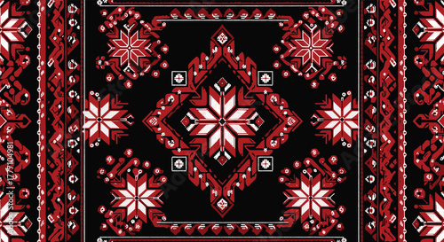 Traditional black, red, and white geometric folk pattern with symmetrical star-like motifs and detailed borders, characteristic of cultural embroidery.