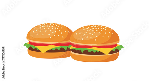Delicious cartoon-style cheeseburgers with beef patties, melted cheese, crisp lettuce, and ripe tomatoes on toasted sesame seed buns, ready to eat.
