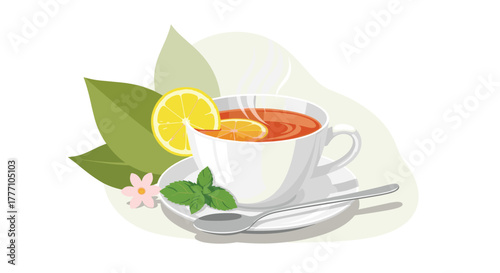 A steaming cup of hot tea with lemon and mint leaves, served with a spoon on a saucer, evoking a refreshing and cozy beverage moment.