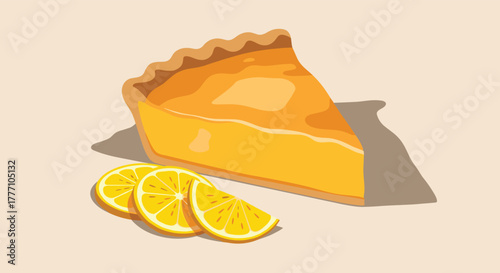 A brightly illustrated slice of tangy lemon pie with fresh citrus slices arranged neatly on a light beige background, evoking a fresh and delicious dessert.
