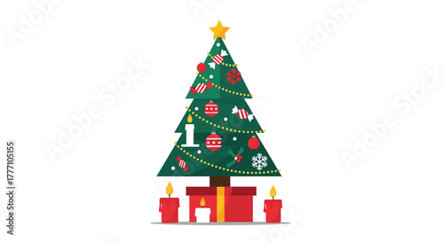 A festive flat design illustration shows a Christmas tree adorned with a golden star, ornaments, the number 1, lighted candles, and a gift.