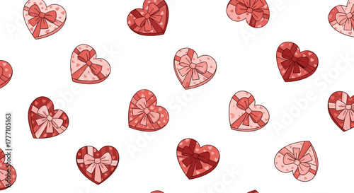 Seamless pattern of cute heart-shaped gift boxes with bows in various shades of red and pink, perfect for Valentine's Day and celebrations of love.