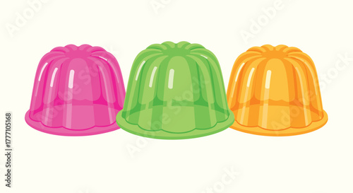 Three colorful, translucent jellies in pink, green, and orange, lined up against a plain white background, rendered in a simple graphic style.