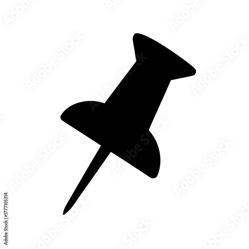 A simple black silhouette drawing of a push pin on white background