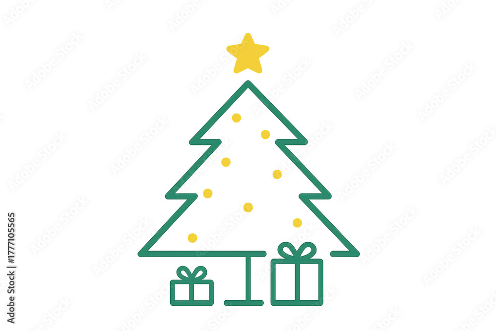 Fototapeta premium Christmas tree icon featuring a star, decorative lights, and presents, symbolizing holiday spirit and festive celebration