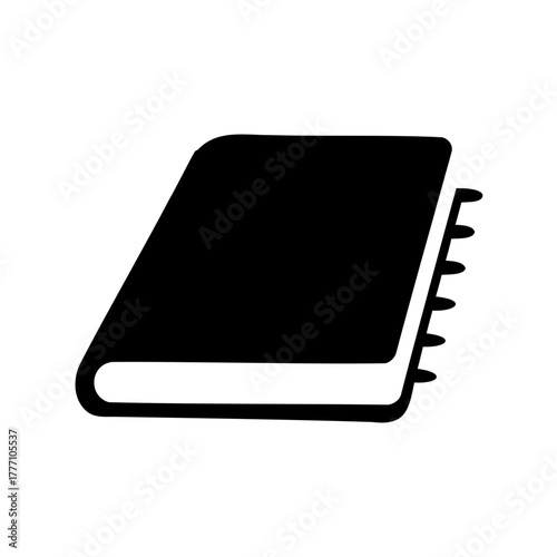 A black and white illustration of a closed notebook or planner icon