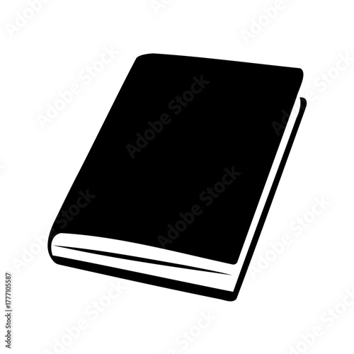 Black silhouette illustration of a closed book with pages on white background