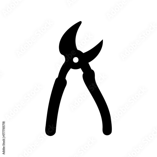 Black silhouette of pruning shears on white background is shown in detail
