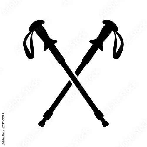 Silhouette of crossed trekking poles, representing hiking, adventure, and outdoor recreation