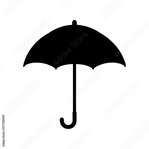 Simple black umbrella providing protection from rain on a white background
