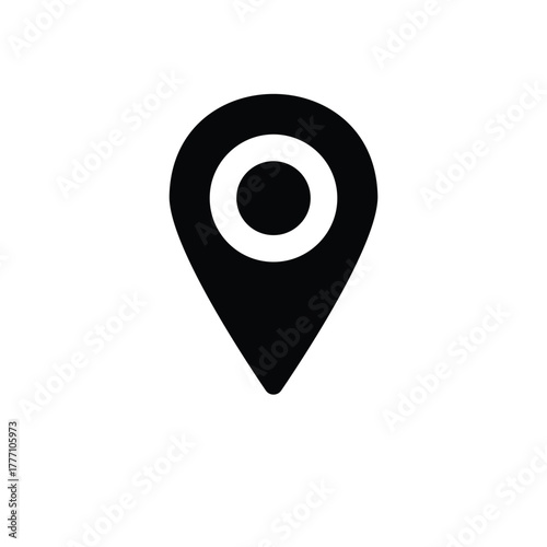 Black location pin icon representing map navigation, gps, and geographical positioning on a clean white background.