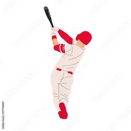 Vector illustration of a baseball player wearing a red uniform, ready to hit the ball with a bat. Perfect for sports design, team logo, or baseball training concept.