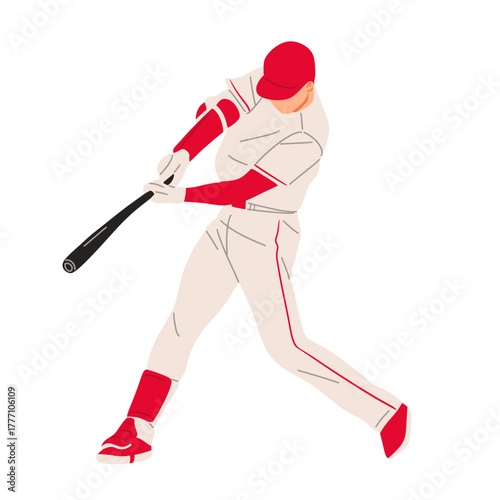 Vector illustration of a baseball player wearing a red uniform, ready to hit the ball with a bat. Perfect for sports design, team logo, or baseball training concept.