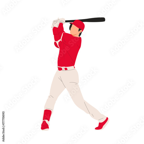 Vector illustration of a baseball player wearing a red uniform, ready to hit the ball with a bat. Perfect for sports design, team logo, or baseball training concept.