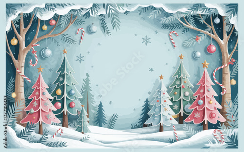 Whimsical winter wonderland scene with festive Christmas trees, snow, and candy canes, perfect for holiday greetings and seasonal designs.