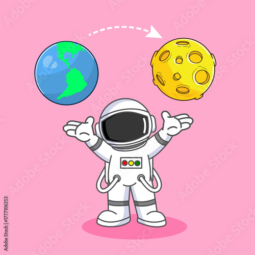 Cute Astronaut Raising both hands, Showing the Earth and the Moon in outer space Vector Illustration Cartoon Design