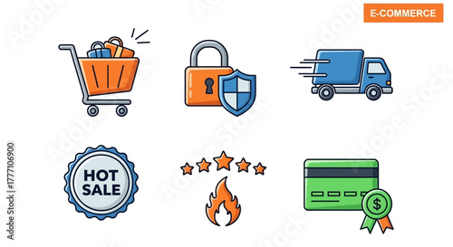 E-commerce Vector Icon Kit, shopping cart, delivery truck, and rating badges for online stores