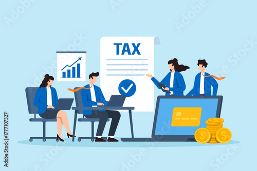Flat illustration of business team collaborating to manage tax document and submit online payment using laptop tablet chart and coins for financial planning