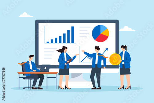 Flat illustration of marketing team analyzing business data dashboard with graph and chart to develop financial strategy and investment solution