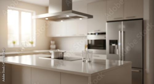 Wallpaper Mural Blurred Modern Kitchen Interior, Bright Minimalist Kitchen Island, Stainless Steel Appliances Torontodigital.ca