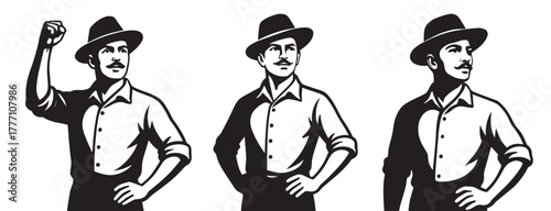 Black silhouette vector illustration of Bhagat Singh in iconic poses with hat — revolutionary stance, raised fist, and confident look