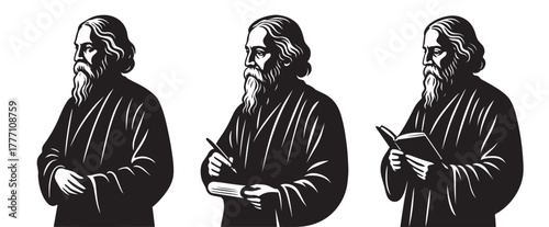 Black silhouette vector illustration of Rabindranath Tagore in thoughtful poses — standing, writing, and reading, symbol of art and wisdom