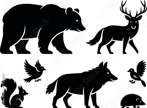 Wild Animals and Forest Creatures Icon Set - Black Silhouette Vector with Bear, Deer, and Wolf