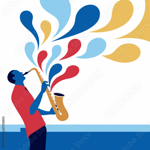 A man plays a saxophone with colorful abstract shapes emerging
