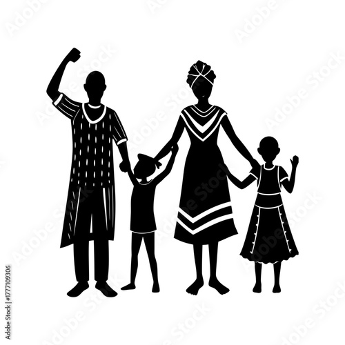 Silhouette of a family of four holding hands wearing traditional african attire