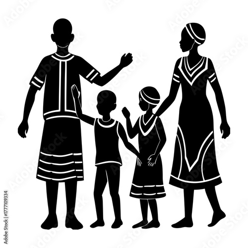 Illustration of a family in traditional african clothing in black silhouette