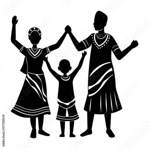 Silhouette of a family with a mother father and child holding hands up high