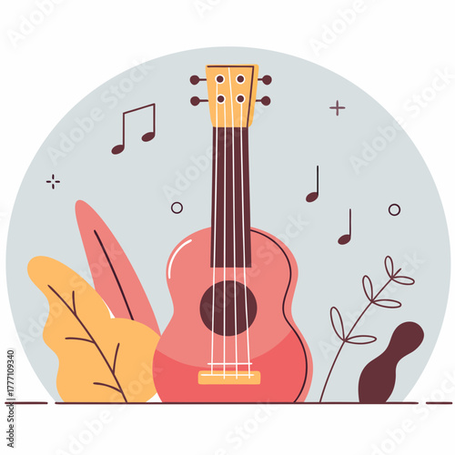 A simple rounded ukulele with minimalist strings and notes