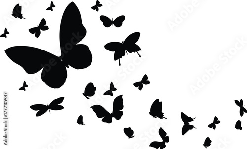Flying butterflies silhouette black set isolated on transparent background