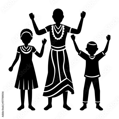 Silhouette of a woman with two children raising their hands in celebration pose
