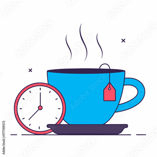 A steaming blue teacup with a clock indicating tea time