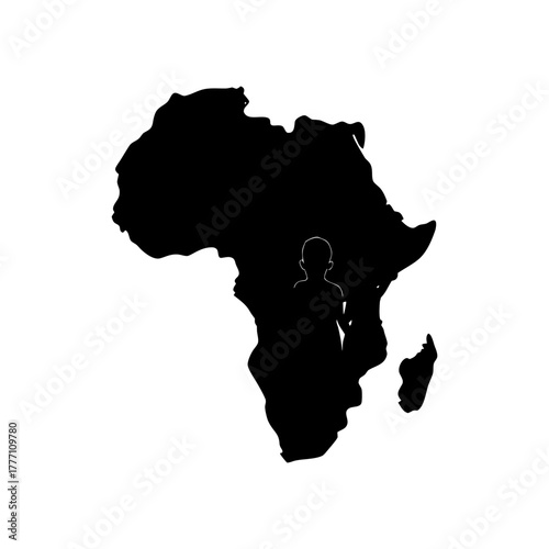 Silhouette of africa continent with child figure inside in black and white view