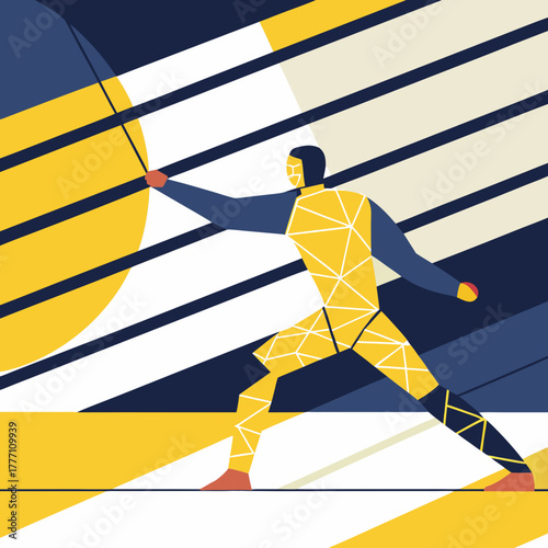 Abstract male fencer in a geometric lunge pose