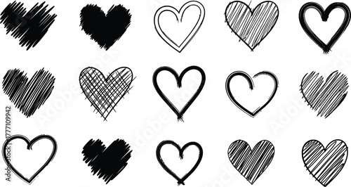 Heart doodles set. Hand drawn hearts collection. Romance and love illustrations.