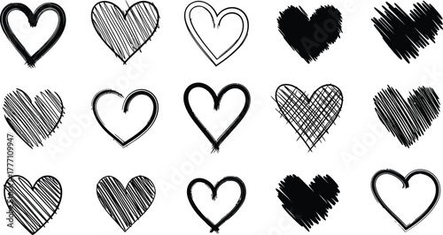 Heart doodles set. Hand drawn hearts collection. Romance and love illustrations.