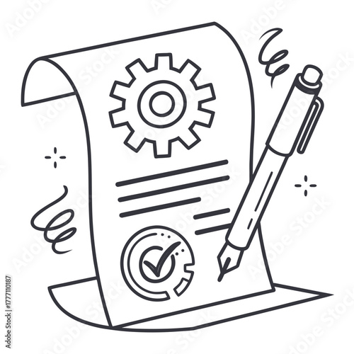 Line art icon of a smart contract with a pen and gear