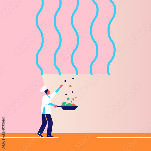 Male chef tossing food in a pan with steam