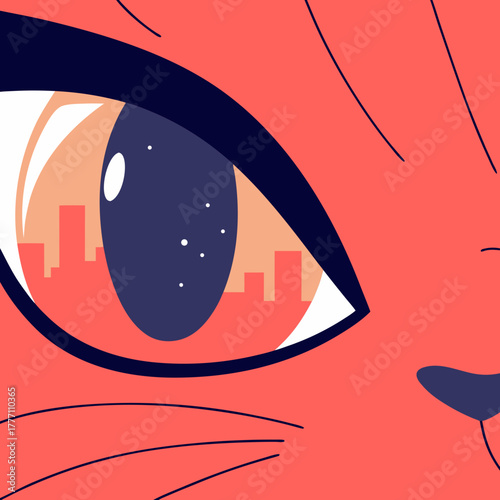 Close up of an orange cat eye reflecting a cityscape