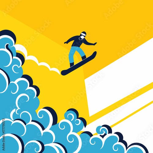 Male snowboarder mid air with snow spray