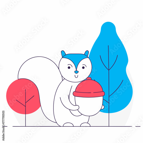Minimalist cartoon squirrel holding a nut in a simple style