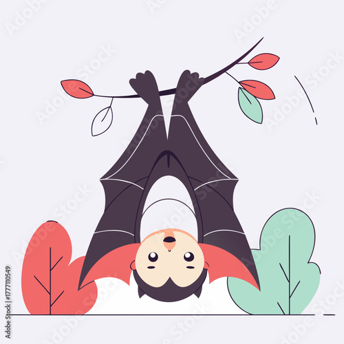 Cute bat hanging upside down from a branch