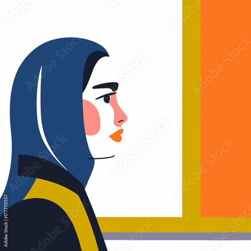 Modern Muslim woman in stylish hijab looks to the side