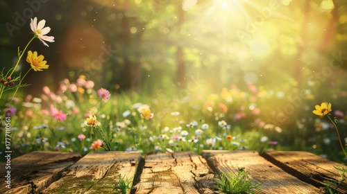 Fototapeta Naklejka Na Ścianę i Meble -  Sunny summer meadow with wildflowers and wooden planks