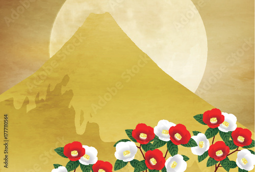 富士山　ツバキ　和柄　年賀状　背景	